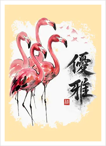 Elegante Flamingos – Japanische Tuschemalerei & Aquarell