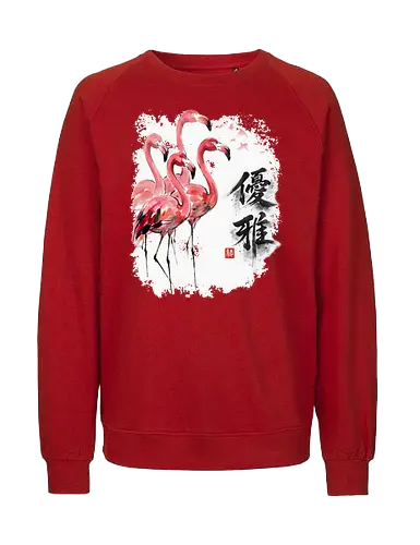 Elegante Flamingos – Japanische Tuschemalerei & Aquarell - Flamingos, Japanische Kunst, Tuschemalerei, Sumi-e, Aquarell, Tropenvögel, Vogelmotiv, Naturkunst, Zen, Asiatische Kunst, Wildlife, Rosa Flamingo, Bird Art, Wandkunst, Illustration - Fairtrade Sweatshirt