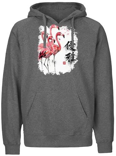 Elegante Flamingos – Japanische Tuschemalerei & Aquarell - Flamingos, Japanische Kunst, Tuschemalerei, Sumi-e, Aquarell, Tropenvögel, Vogelmotiv, Naturkunst, Zen, Asiatische Kunst, Wildlife, Rosa Flamingo, Bird Art, Wandkunst, Illustration - Fairtrade Hoodie