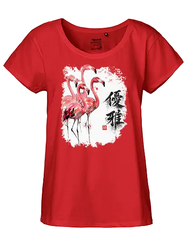 Elegante Flamingos – Japanische Tuschemalerei & Aquarell - Flamingos, Japanische Kunst, Tuschemalerei, Sumi-e, Aquarell, Tropenvögel, Vogelmotiv, Naturkunst, Zen, Asiatische Kunst, Wildlife, Rosa Flamingo, Bird Art, Wandkunst, Illustration - Fairtrade Girl Shirt