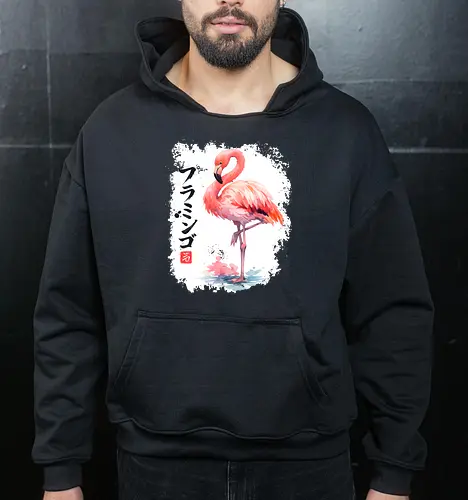 Flamingo – Japanische Sumi-e Aquarellkunst - Flamingo, Japanische Kunst, Sumi-e, Aquarell, Tropenvogel, Vogel Illustration, Naturmotiv, Zen, Wildlife, Minimalismus, Asiatische Kunst, Bird Art, Rosa Flamingo, Wandkunst, Japan Stil - Cropped Hoodie