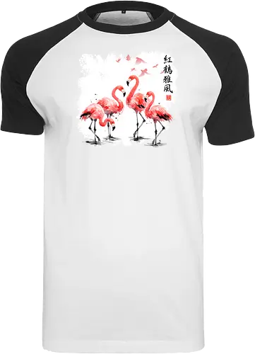 Rosa Flamingos – Japanische Aquarell Vogelkunst - Flamingo, Rosa Flamingo, Aquarell, Japanische Kunst, Tropenvogel, Vogelmotiv, Minimalismus, Naturkunst, Wildlife, Zen, Asiatische Kunst, Sommer, Bird Art, Wandkunst, Illustration - Raglan T-Shirt