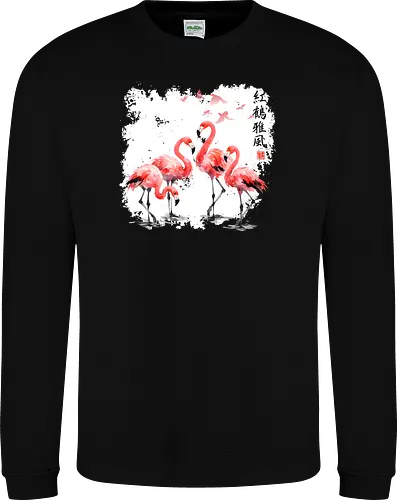 Rosa Flamingos – Japanische Aquarell Vogelkunst - Flamingo, Rosa Flamingo, Aquarell, Japanische Kunst, Tropenvogel, Vogelmotiv, Minimalismus, Naturkunst, Wildlife, Zen, Asiatische Kunst, Sommer, Bird Art, Wandkunst, Illustration - Sweatshirt