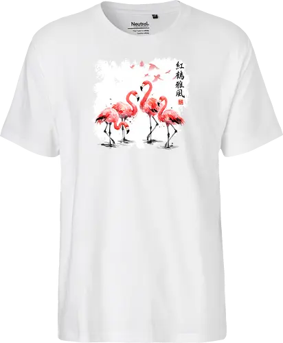 Rosa Flamingos – Japanische Aquarell Vogelkunst - Flamingo, Rosa Flamingo, Aquarell, Japanische Kunst, Tropenvogel, Vogelmotiv, Minimalismus, Naturkunst, Wildlife, Zen, Asiatische Kunst, Sommer, Bird Art, Wandkunst, Illustration - Fairtrade T-Shirt