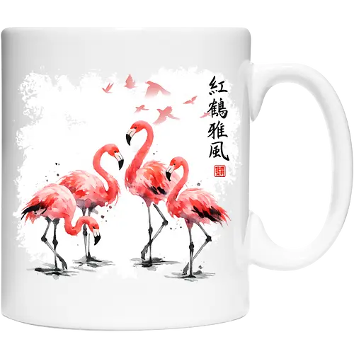 Rosa Flamingos – Japanische Aquarell Vogelkunst - Flamingo, Rosa Flamingo, Aquarell, Japanische Kunst, Tropenvogel, Vogelmotiv, Minimalismus, Naturkunst, Wildlife, Zen, Asiatische Kunst, Sommer, Bird Art, Wandkunst, Illustration - Cup