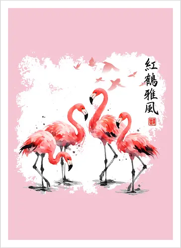 Rosa Flamingos – Japanische Aquarell Vogelkunst - Flamingo, Rosa Flamingo, Aquarell, Japanische Kunst, Tropenvogel, Vogelmotiv, Minimalismus, Naturkunst, Wildlife, Zen, Asiatische Kunst, Sommer, Bird Art, Wandkunst, Illustration - Artprint