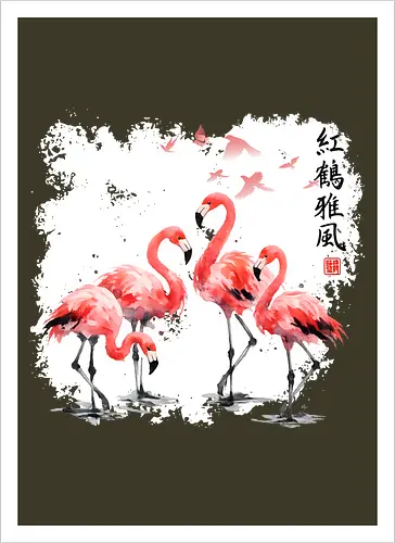 Rosa Flamingos – Japanische Aquarell Vogelkunst - Flamingo, Rosa Flamingo, Aquarell, Japanische Kunst, Tropenvogel, Vogelmotiv, Minimalismus, Naturkunst, Wildlife, Zen, Asiatische Kunst, Sommer, Bird Art, Wandkunst, Illustration - Artprint