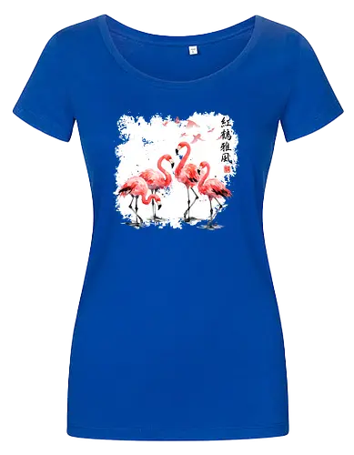 Rosa Flamingos – Japanische Aquarell Vogelkunst - Flamingo, Rosa Flamingo, Aquarell, Japanische Kunst, Tropenvogel, Vogelmotiv, Minimalismus, Naturkunst, Wildlife, Zen, Asiatische Kunst, Sommer, Bird Art, Wandkunst, Illustration - Women T-Shirt