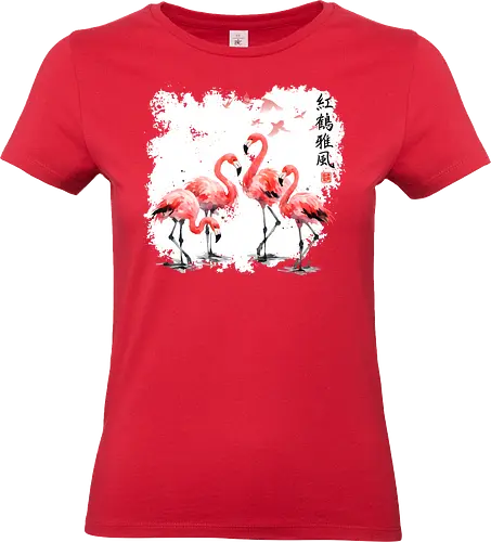 Rosa Flamingos – Japanische Aquarell Vogelkunst - Flamingo, Rosa Flamingo, Aquarell, Japanische Kunst, Tropenvogel, Vogelmotiv, Minimalismus, Naturkunst, Wildlife, Zen, Asiatische Kunst, Sommer, Bird Art, Wandkunst, Illustration - Standard T-Shirt (Women)