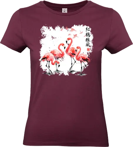 Rosa Flamingos – Japanische Aquarell Vogelkunst - Flamingo, Rosa Flamingo, Aquarell, Japanische Kunst, Tropenvogel, Vogelmotiv, Minimalismus, Naturkunst, Wildlife, Zen, Asiatische Kunst, Sommer, Bird Art, Wandkunst, Illustration - Standard T-Shirt (Women)