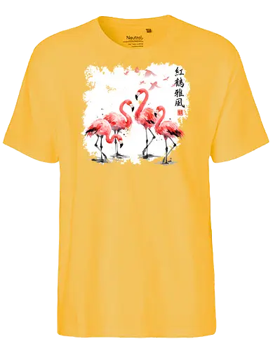 Rosa Flamingos – Japanische Aquarell Vogelkunst - Flamingo, Rosa Flamingo, Aquarell, Japanische Kunst, Tropenvogel, Vogelmotiv, Minimalismus, Naturkunst, Wildlife, Zen, Asiatische Kunst, Sommer, Bird Art, Wandkunst, Illustration - Fairtrade T-Shirt