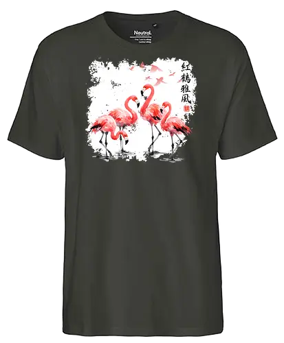 Rosa Flamingos – Japanische Aquarell Vogelkunst - Flamingo, Rosa Flamingo, Aquarell, Japanische Kunst, Tropenvogel, Vogelmotiv, Minimalismus, Naturkunst, Wildlife, Zen, Asiatische Kunst, Sommer, Bird Art, Wandkunst, Illustration - Fairtrade T-Shirt