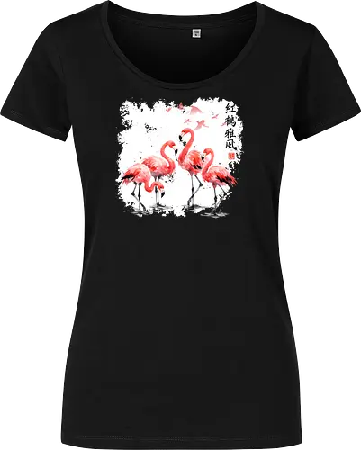 Rosa Flamingos – Japanische Aquarell Vogelkunst - Flamingo, Rosa Flamingo, Aquarell, Japanische Kunst, Tropenvogel, Vogelmotiv, Minimalismus, Naturkunst, Wildlife, Zen, Asiatische Kunst, Sommer, Bird Art, Wandkunst, Illustration - Women T-Shirt