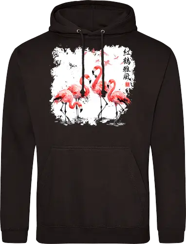 Rosa Flamingos – Japanische Aquarell Vogelkunst - Flamingo, Rosa Flamingo, Aquarell, Japanische Kunst, Tropenvogel, Vogelmotiv, Minimalismus, Naturkunst, Wildlife, Zen, Asiatische Kunst, Sommer, Bird Art, Wandkunst, Illustration - Standard Hoodie
