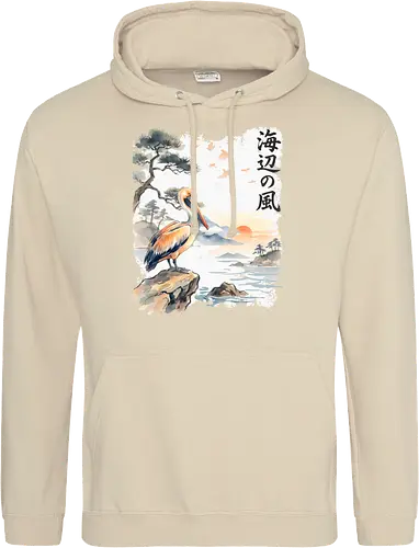 Japanischer Küstenvogel – Sumi-e Landschaft & Naturkunst - Pelikan, Küstenvogel, Japanische Landschaft, Sumi-e, Aquarell, Vogelkunst, Meer, Zen, Naturmotiv, Asiatische Kunst, Wildlife, Sonnenuntergang, Japan Stil, Wandkunst, Illustration - Standard Hoodie
