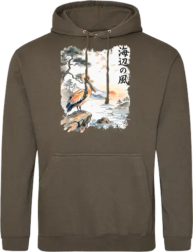 Japanischer Küstenvogel – Sumi-e Landschaft & Naturkunst - Pelikan, Küstenvogel, Japanische Landschaft, Sumi-e, Aquarell, Vogelkunst, Meer, Zen, Naturmotiv, Asiatische Kunst, Wildlife, Sonnenuntergang, Japan Stil, Wandkunst, Illustration - Standard Hoodie