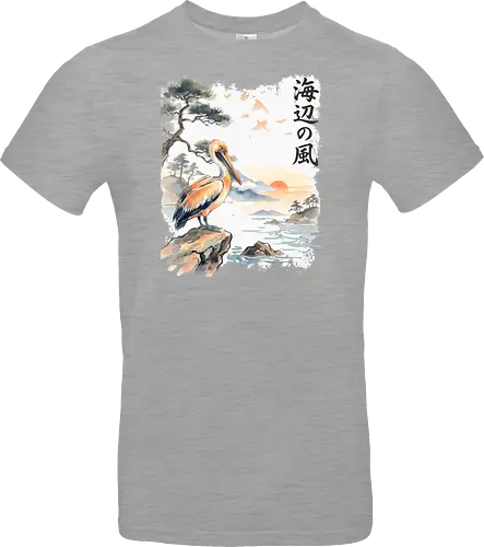 Japanischer Küstenvogel – Sumi-e Landschaft & Naturkunst - Pelikan, Küstenvogel, Japanische Landschaft, Sumi-e, Aquarell, Vogelkunst, Meer, Zen, Naturmotiv, Asiatische Kunst, Wildlife, Sonnenuntergang, Japan Stil, Wandkunst, Illustration - Standard T-Shirt