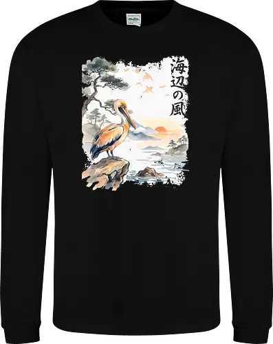 Japanischer Küstenvogel – Sumi-e Landschaft & Naturkunst - Pelikan, Küstenvogel, Japanische Landschaft, Sumi-e, Aquarell, Vogelkunst, Meer, Zen, Naturmotiv, Asiatische Kunst, Wildlife, Sonnenuntergang, Japan Stil, Wandkunst, Illustration - Sweatshirt