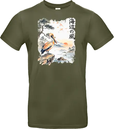 Japanischer Küstenvogel – Sumi-e Landschaft & Naturkunst - Pelikan, Küstenvogel, Japanische Landschaft, Sumi-e, Aquarell, Vogelkunst, Meer, Zen, Naturmotiv, Asiatische Kunst, Wildlife, Sonnenuntergang, Japan Stil, Wandkunst, Illustration - Standard T-Shirt