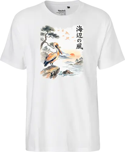 Japanischer Küstenvogel – Sumi-e Landschaft & Naturkunst - Pelikan, Küstenvogel, Japanische Landschaft, Sumi-e, Aquarell, Vogelkunst, Meer, Zen, Naturmotiv, Asiatische Kunst, Wildlife, Sonnenuntergang, Japan Stil, Wandkunst, Illustration - Fairtrade T-Shirt