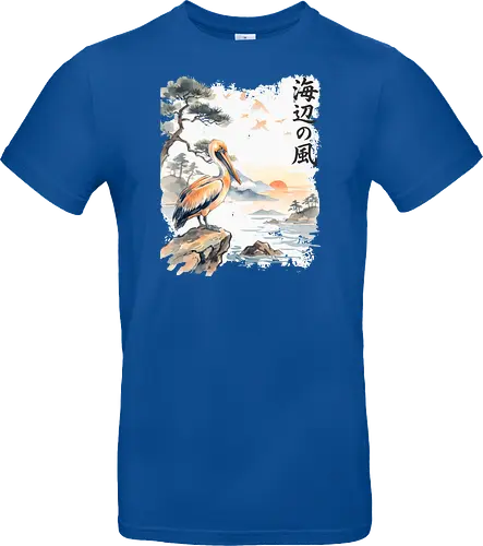 Japanischer Küstenvogel – Sumi-e Landschaft & Naturkunst - Pelikan, Küstenvogel, Japanische Landschaft, Sumi-e, Aquarell, Vogelkunst, Meer, Zen, Naturmotiv, Asiatische Kunst, Wildlife, Sonnenuntergang, Japan Stil, Wandkunst, Illustration - Standard T-Shirt