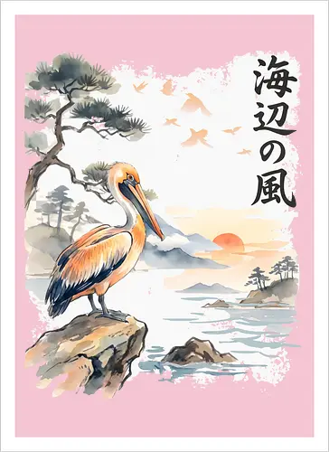 Japanischer Küstenvogel – Sumi-e Landschaft & Naturkunst - Pelikan, Küstenvogel, Japanische Landschaft, Sumi-e, Aquarell, Vogelkunst, Meer, Zen, Naturmotiv, Asiatische Kunst, Wildlife, Sonnenuntergang, Japan Stil, Wandkunst, Illustration - Artprint