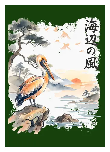 Japanischer Küstenvogel – Sumi-e Landschaft & Naturkunst - Pelikan, Küstenvogel, Japanische Landschaft, Sumi-e, Aquarell, Vogelkunst, Meer, Zen, Naturmotiv, Asiatische Kunst, Wildlife, Sonnenuntergang, Japan Stil, Wandkunst, Illustration - Artprint