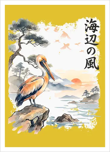 Japanischer Küstenvogel – Sumi-e Landschaft & Naturkunst - Pelikan, Küstenvogel, Japanische Landschaft, Sumi-e, Aquarell, Vogelkunst, Meer, Zen, Naturmotiv, Asiatische Kunst, Wildlife, Sonnenuntergang, Japan Stil, Wandkunst, Illustration - Artprint