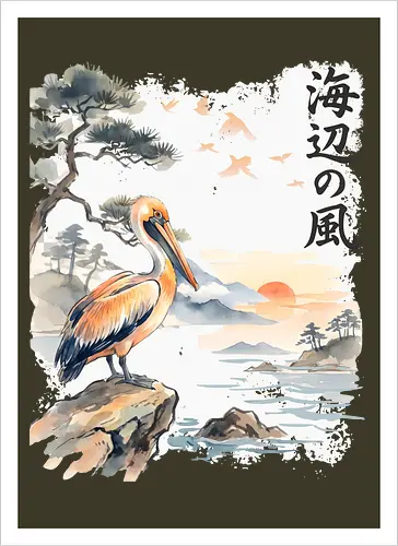 Japanischer Küstenvogel – Sumi-e Landschaft & Naturkunst - Pelikan, Küstenvogel, Japanische Landschaft, Sumi-e, Aquarell, Vogelkunst, Meer, Zen, Naturmotiv, Asiatische Kunst, Wildlife, Sonnenuntergang, Japan Stil, Wandkunst, Illustration - Artprint