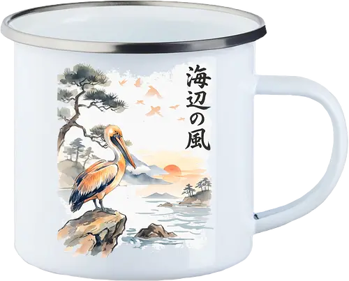 Japanischer Küstenvogel – Sumi-e Landschaft & Naturkunst - Pelikan, Küstenvogel, Japanische Landschaft, Sumi-e, Aquarell, Vogelkunst, Meer, Zen, Naturmotiv, Asiatische Kunst, Wildlife, Sonnenuntergang, Japan Stil, Wandkunst, Illustration - Enamel Mug