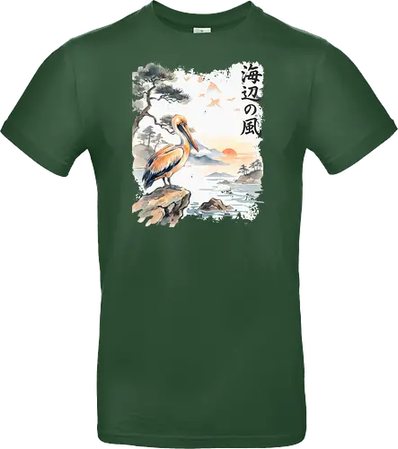 Japanischer Küstenvogel – Sumi-e Landschaft & Naturkunst - Pelikan, Küstenvogel, Japanische Landschaft, Sumi-e, Aquarell, Vogelkunst, Meer, Zen, Naturmotiv, Asiatische Kunst, Wildlife, Sonnenuntergang, Japan Stil, Wandkunst, Illustration - Standard T-Shirt