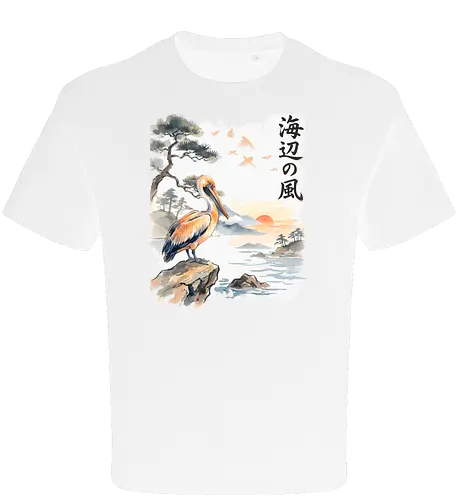 Japanischer Küstenvogel – Sumi-e Landschaft & Naturkunst - Pelikan, Küstenvogel, Japanische Landschaft, Sumi-e, Aquarell, Vogelkunst, Meer, Zen, Naturmotiv, Asiatische Kunst, Wildlife, Sonnenuntergang, Japan Stil, Wandkunst, Illustration - Oversize T-Shirt
