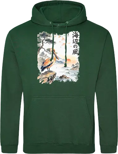 Japanischer Küstenvogel – Sumi-e Landschaft & Naturkunst - Pelikan, Küstenvogel, Japanische Landschaft, Sumi-e, Aquarell, Vogelkunst, Meer, Zen, Naturmotiv, Asiatische Kunst, Wildlife, Sonnenuntergang, Japan Stil, Wandkunst, Illustration - Standard Hoodie