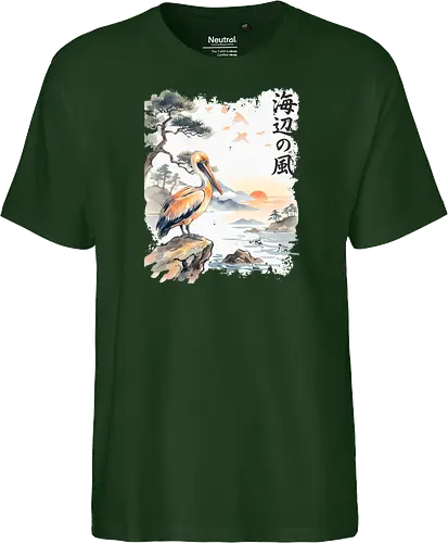 Japanischer Küstenvogel – Sumi-e Landschaft & Naturkunst - Pelikan, Küstenvogel, Japanische Landschaft, Sumi-e, Aquarell, Vogelkunst, Meer, Zen, Naturmotiv, Asiatische Kunst, Wildlife, Sonnenuntergang, Japan Stil, Wandkunst, Illustration - Fairtrade T-Shirt
