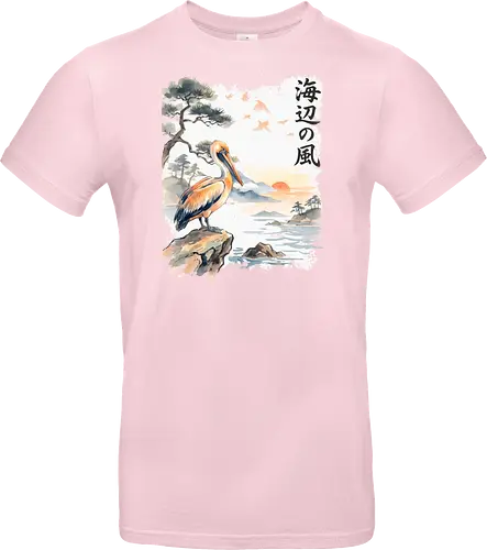 Japanischer Küstenvogel – Sumi-e Landschaft & Naturkunst - Pelikan, Küstenvogel, Japanische Landschaft, Sumi-e, Aquarell, Vogelkunst, Meer, Zen, Naturmotiv, Asiatische Kunst, Wildlife, Sonnenuntergang, Japan Stil, Wandkunst, Illustration - Standard T-Shirt