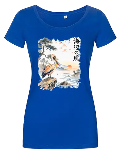 Japanischer Küstenvogel – Sumi-e Landschaft & Naturkunst - Pelikan, Küstenvogel, Japanische Landschaft, Sumi-e, Aquarell, Vogelkunst, Meer, Zen, Naturmotiv, Asiatische Kunst, Wildlife, Sonnenuntergang, Japan Stil, Wandkunst, Illustration - Women T-Shirt