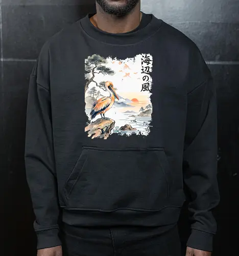 Japanischer Küstenvogel – Sumi-e Landschaft & Naturkunst - Pelikan, Küstenvogel, Japanische Landschaft, Sumi-e, Aquarell, Vogelkunst, Meer, Zen, Naturmotiv, Asiatische Kunst, Wildlife, Sonnenuntergang, Japan Stil, Wandkunst, Illustration - Cropped Sweatshirt