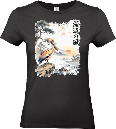 Japanischer Küstenvogel – Sumi-e Landschaft & Naturkunst - Pelikan, Küstenvogel, Japanische Landschaft, Sumi-e, Aquarell, Vogelkunst, Meer, Zen, Naturmotiv, Asiatische Kunst, Wildlife, Sonnenuntergang, Japan Stil, Wandkunst, Illustration - Standard T-Shirt (Women)