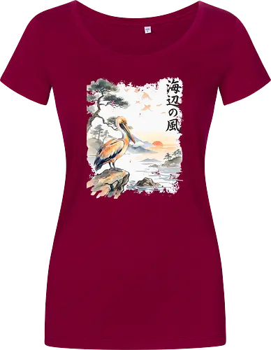 Japanischer Küstenvogel – Sumi-e Landschaft & Naturkunst - Pelikan, Küstenvogel, Japanische Landschaft, Sumi-e, Aquarell, Vogelkunst, Meer, Zen, Naturmotiv, Asiatische Kunst, Wildlife, Sonnenuntergang, Japan Stil, Wandkunst, Illustration - Women T-Shirt