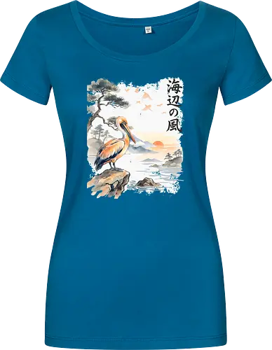 Japanischer Küstenvogel – Sumi-e Landschaft & Naturkunst - Pelikan, Küstenvogel, Japanische Landschaft, Sumi-e, Aquarell, Vogelkunst, Meer, Zen, Naturmotiv, Asiatische Kunst, Wildlife, Sonnenuntergang, Japan Stil, Wandkunst, Illustration - Women T-Shirt