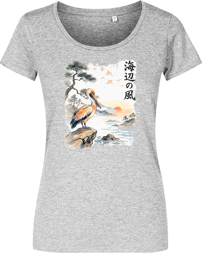 Japanischer Küstenvogel – Sumi-e Landschaft & Naturkunst - Pelikan, Küstenvogel, Japanische Landschaft, Sumi-e, Aquarell, Vogelkunst, Meer, Zen, Naturmotiv, Asiatische Kunst, Wildlife, Sonnenuntergang, Japan Stil, Wandkunst, Illustration - Women T-Shirt