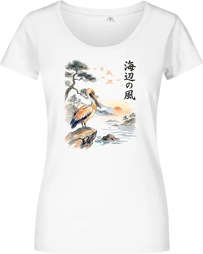 Japanischer Küstenvogel – Sumi-e Landschaft & Naturkunst - Pelikan, Küstenvogel, Japanische Landschaft, Sumi-e, Aquarell, Vogelkunst, Meer, Zen, Naturmotiv, Asiatische Kunst, Wildlife, Sonnenuntergang, Japan Stil, Wandkunst, Illustration - Women T-Shirt