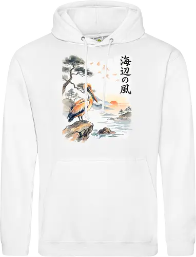 Japanischer Küstenvogel – Sumi-e Landschaft & Naturkunst - Pelikan, Küstenvogel, Japanische Landschaft, Sumi-e, Aquarell, Vogelkunst, Meer, Zen, Naturmotiv, Asiatische Kunst, Wildlife, Sonnenuntergang, Japan Stil, Wandkunst, Illustration - Standard Hoodie