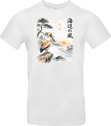 Japanischer Küstenvogel – Sumi-e Landschaft & Naturkunst - Pelikan, Küstenvogel, Japanische Landschaft, Sumi-e, Aquarell, Vogelkunst, Meer, Zen, Naturmotiv, Asiatische Kunst, Wildlife, Sonnenuntergang, Japan Stil, Wandkunst, Illustration - Standard T-Shirt