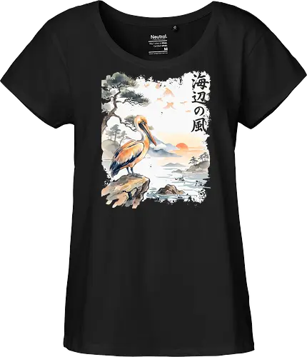 Japanischer Küstenvogel – Sumi-e Landschaft & Naturkunst - Pelikan, Küstenvogel, Japanische Landschaft, Sumi-e, Aquarell, Vogelkunst, Meer, Zen, Naturmotiv, Asiatische Kunst, Wildlife, Sonnenuntergang, Japan Stil, Wandkunst, Illustration - Fairtrade Girl Shirt