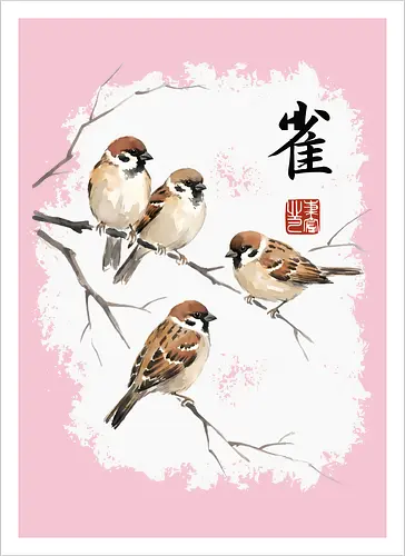 Japanische Sperlinge – Sumi-e Vogelkunst mit Aquarell