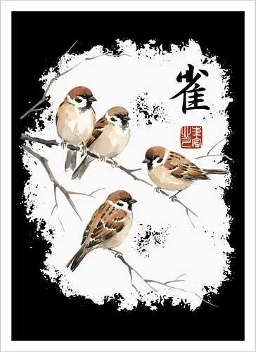 Japanische Sperlinge – Sumi-e Vogelkunst mit Aquarell