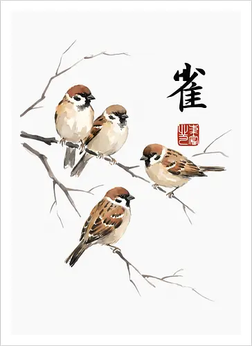 Japanische Sperlinge – Sumi-e Vogelkunst mit Aquarell