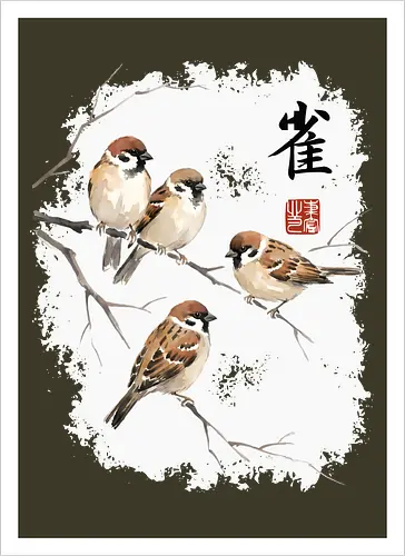 Japanische Sperlinge – Sumi-e Vogelkunst mit Aquarell