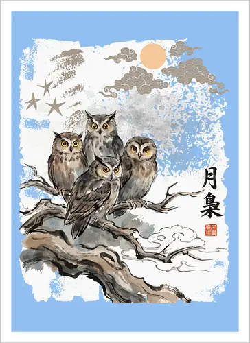 Japanische Eulen im Mondlicht – Vintage Sumi-e Naturkunst